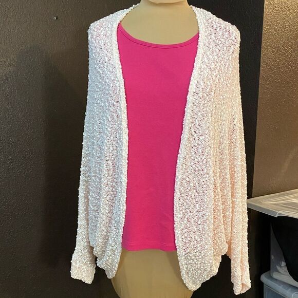 Painted Threads‎ pink and white open knit dolman sleeves open front cardigan - Picture 1 of 7